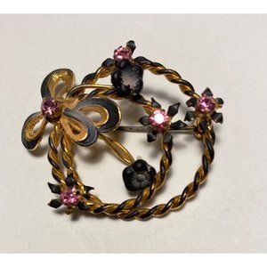 ANTIQUE ART NOUVEAU ENAMEL PINK GLASS BOW VIOLETS WILD FLOWER AUSTRIA BROOCH PIN